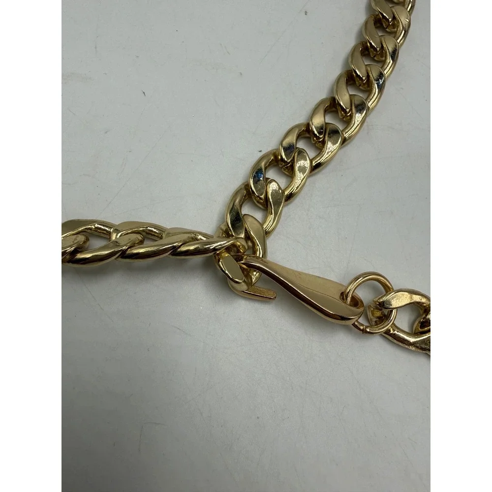 Gold Tone Curb Chain Belt with Logo Charm Adjustable Hook Closure 44 Inch
